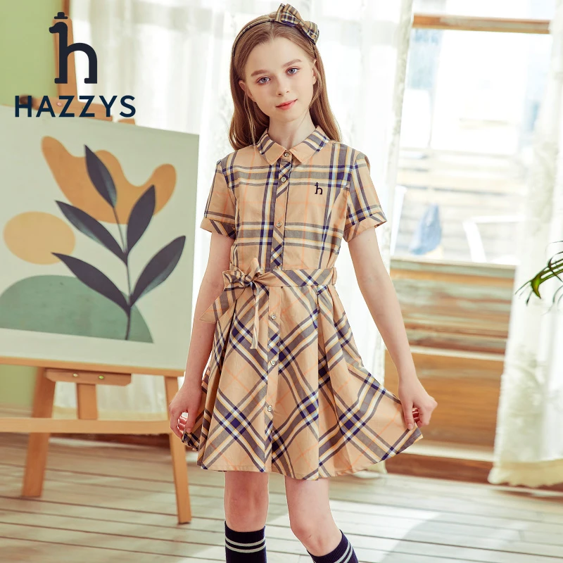 Hazzys/哈吉斯品牌童装女童裙半袖裙格纹连衣裙夏季经典格子时尚