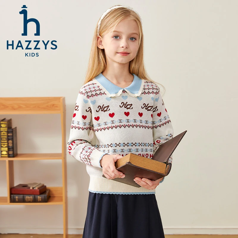 Hazzys/哈吉斯品牌童装女童线衣套头女童针织衫长袖时尚儿童打底