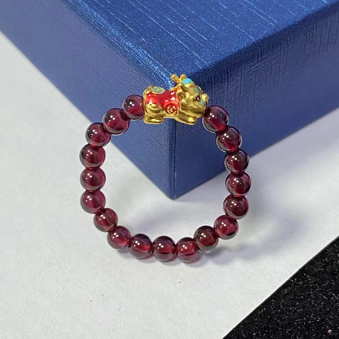 金灵 足金999烧蓝款小貔貅宝宝石 榴 石戒@@A110