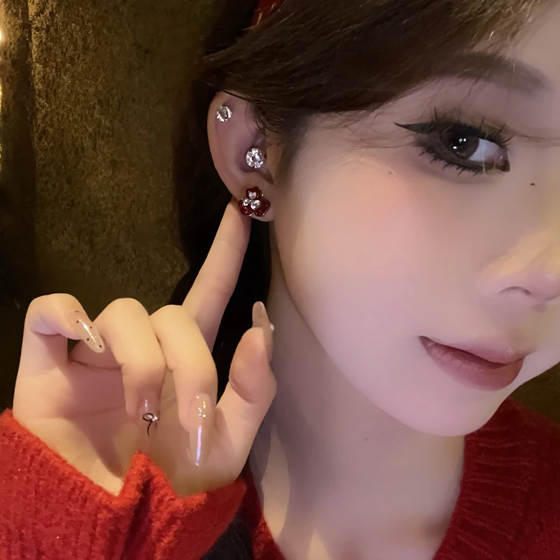 非金属亚克力耳饰 精致百搭气质闪钻小花耳环个性时尚新年耳饰