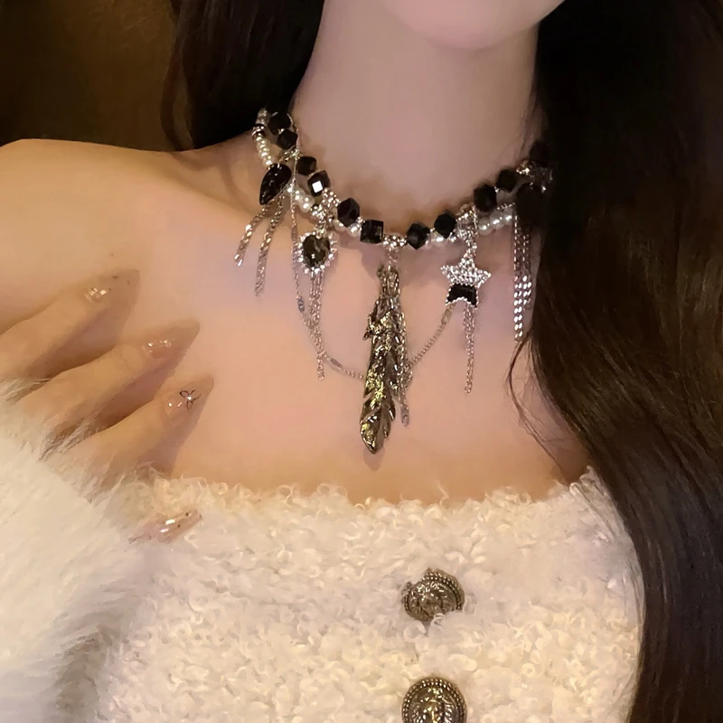 铜合金仿珍珠项链 欧美时尚复古哥特风串珠流苏项链小众个性