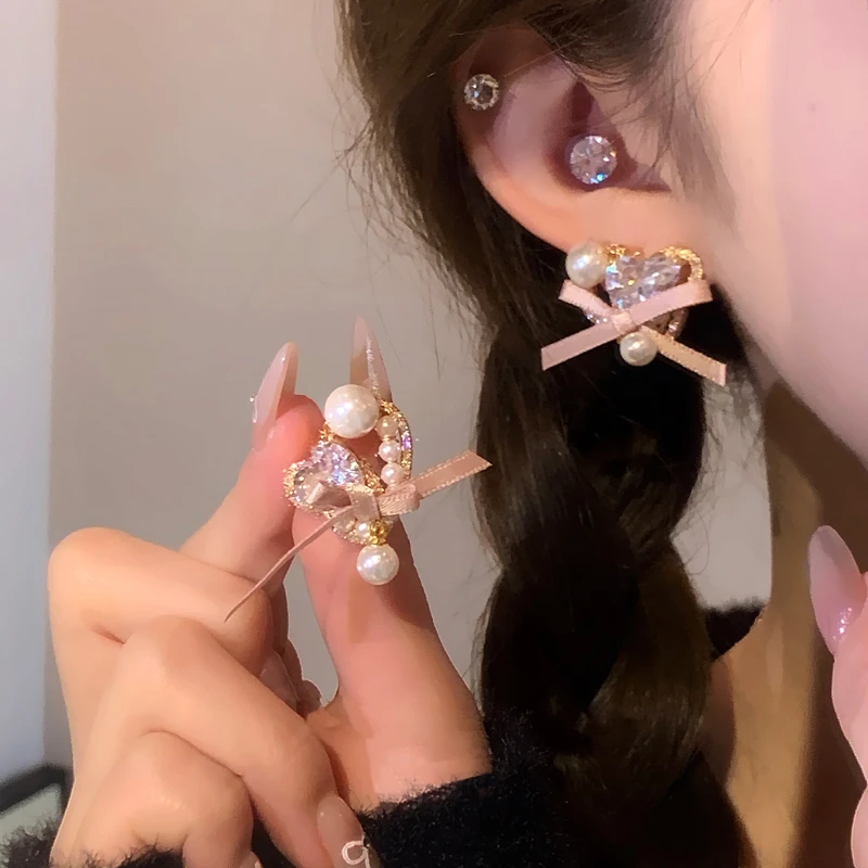 娟姨 非金属耳饰 清甜少女日韩精致温柔粉色蝴蝶结爱心耳环甜美风