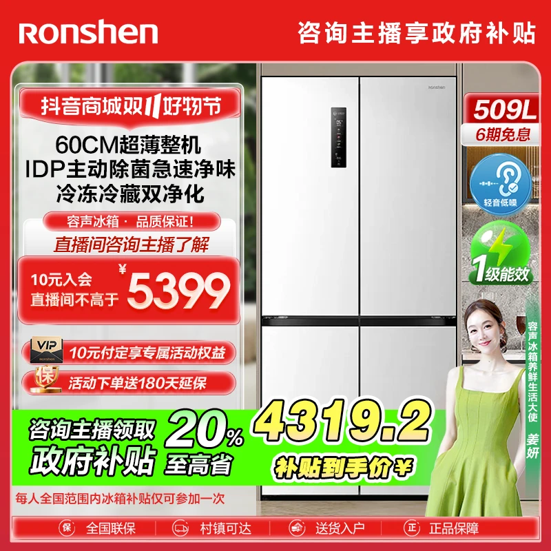 【国补后返20%】容声冰箱509L双净平嵌对开四门十字门风冷白色超薄