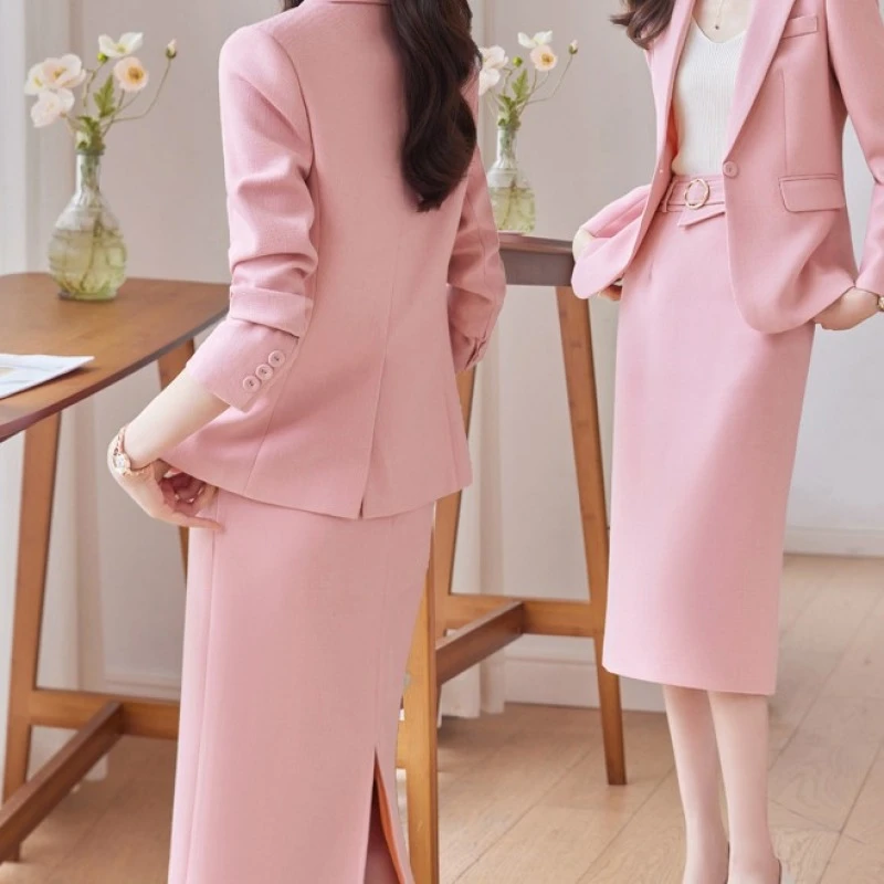 粉色西装套装女秋季跨境新款职业气质女神范正装时尚西服半裙套装
