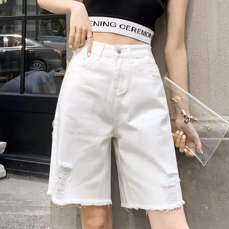 牛仔五分裤女直筒宽松新款破洞六分夏季薄款显瘦白色高腰短裤潮