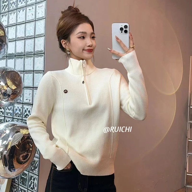 加绒加厚2024秋冬新款小众立领拉链套头设计感保暖毛衣针织衫长袖