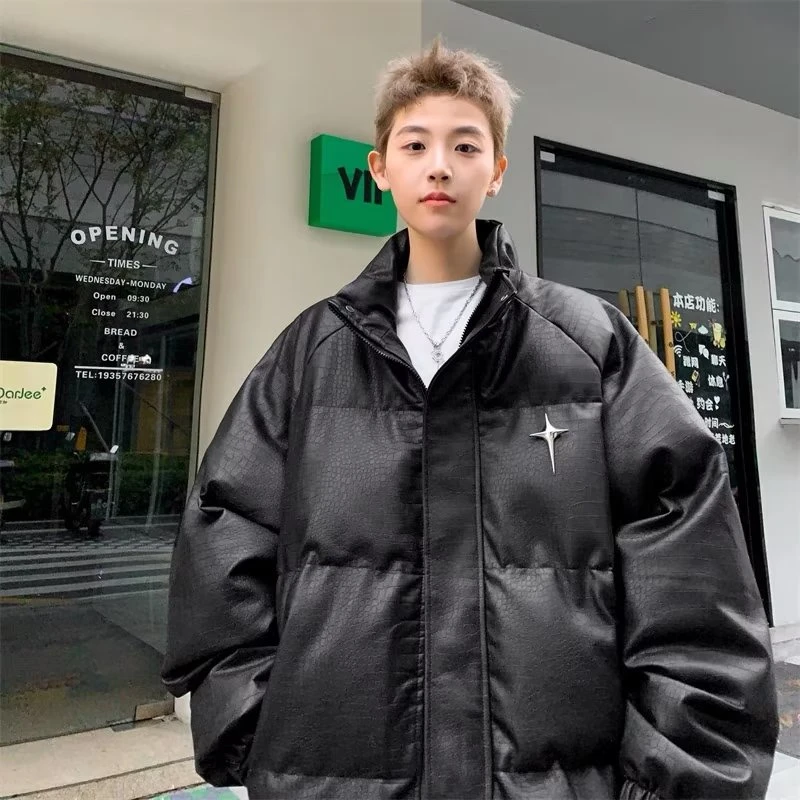 美式oversize情侣鳄鱼纹棉服潮牌免洗PU皮棉服大码加厚立领外套潮