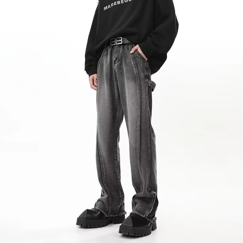 美式高街拉链开叉牛仔裤情侣百搭潮牌直筒宽松微喇毛边阔腿长裤男