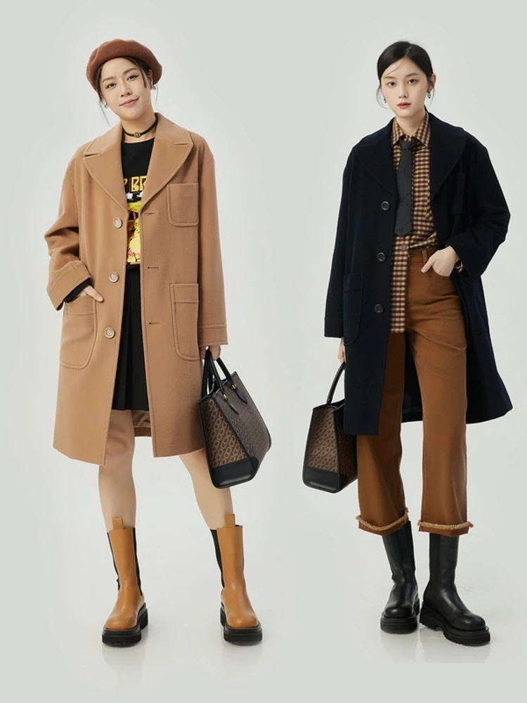 GIRDEAR/哥弟时尚气质西装领大口袋中长款羊毛大衣外套女1400717