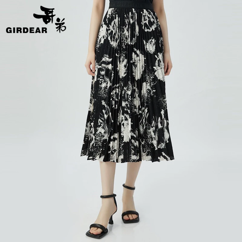 【官方正品】优雅通勤百搭垂感印花松紧腰百褶半身裙1200133