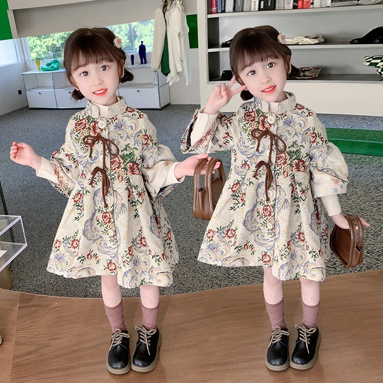 尚品2 春季法式宫廷风大衣裙复古外套儿童洋气立领油画洋气风衣裙