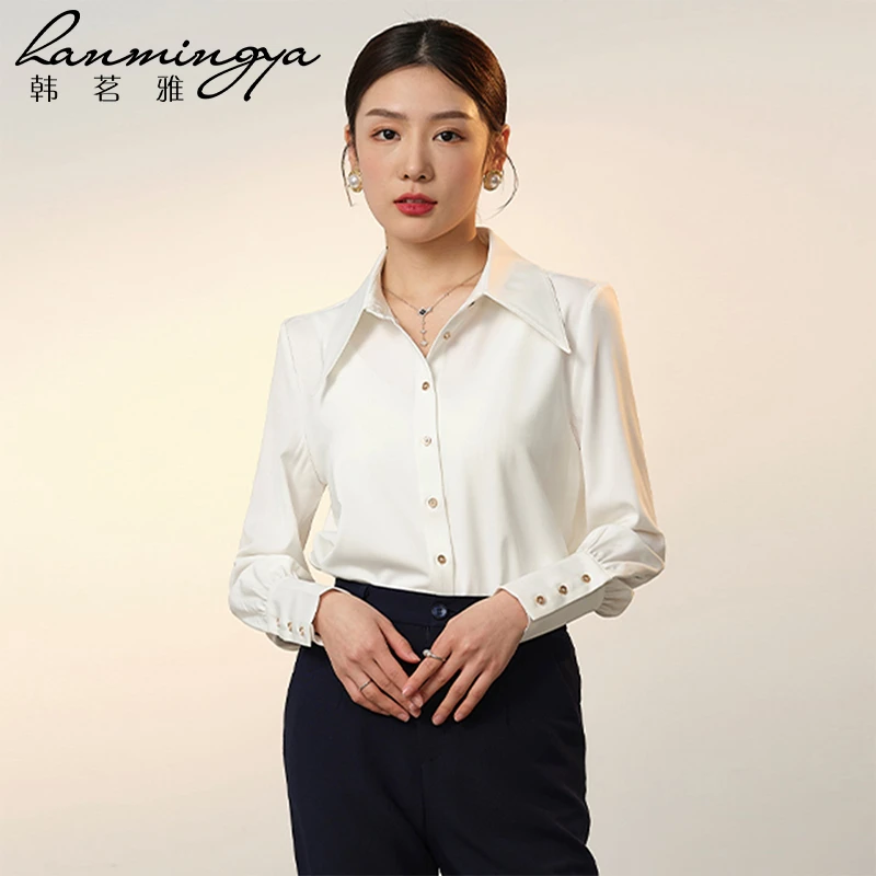 【韩茗雅】夏季薄款亲肤长袖白色女士职业衬衫通勤气质v领纯白衬衣