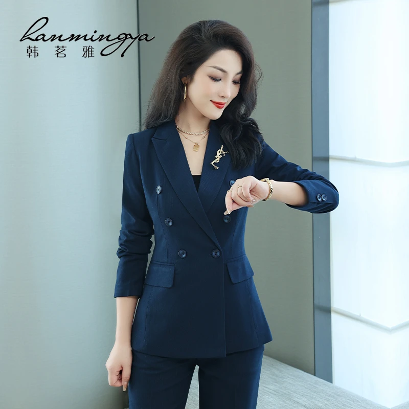 韩茗雅秋冬藏青色条纹双排扣西服修身气质职业西装套装女气质时尚