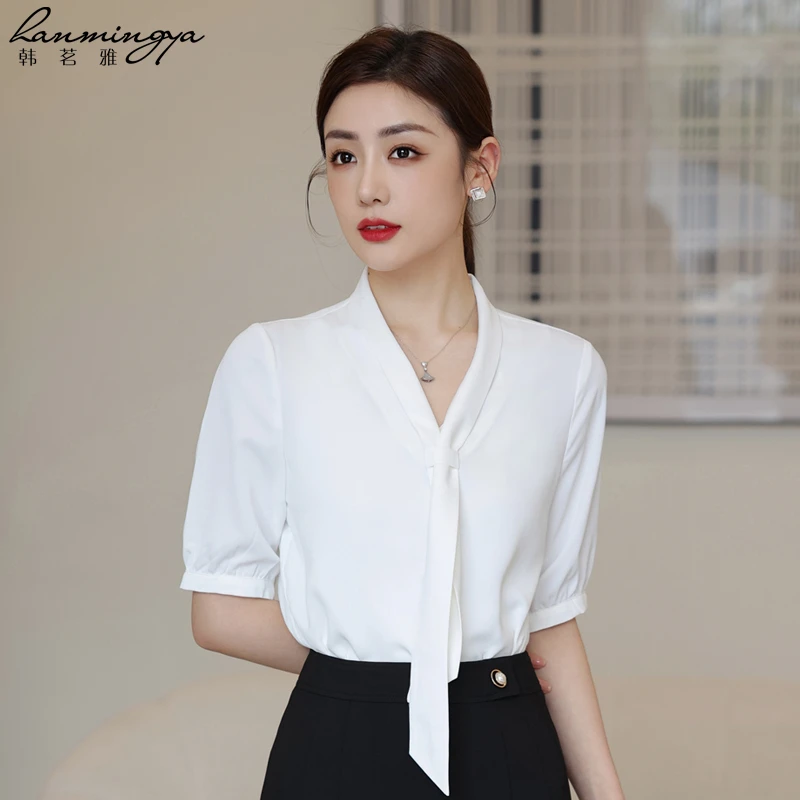 韩茗雅白色气质飘带衬衫女士中袖夏季小西装女2025小西服夏季薄款