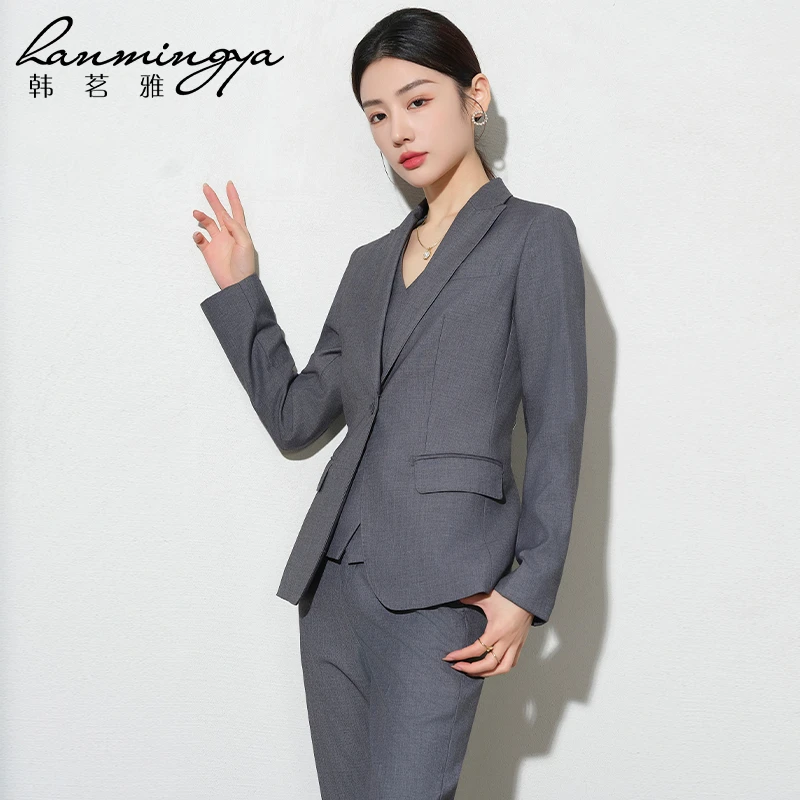 【韩茗雅】秋冬新款灰色西服马甲修身气质高端职业装西装时尚单西