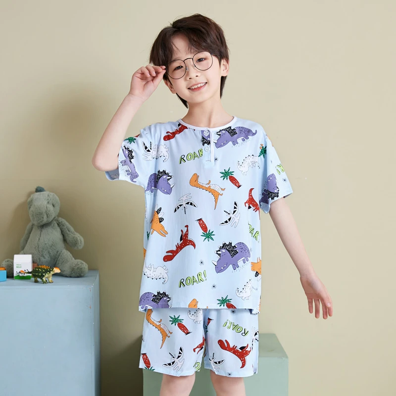 夏季棉绸儿童绵绸短袖短裤睡衣男童女童小孩空调服棉绸家居服套装