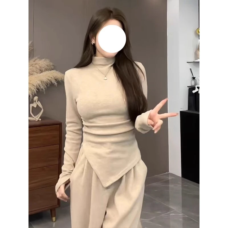 大码纯欲加厚半高领内搭上衣秋冬高级感气质不规则打底衫长袖t恤