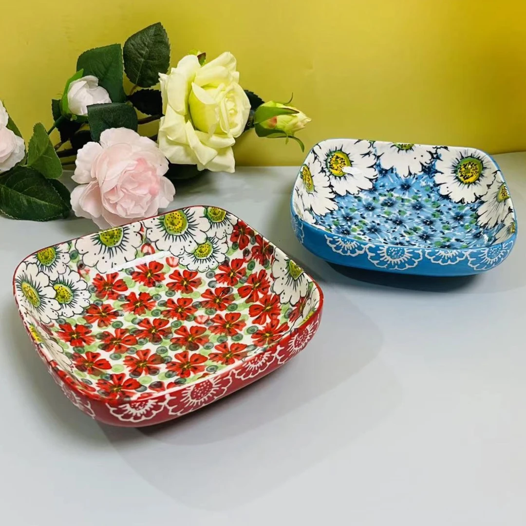 【精选】两只装红蓝海洋陶瓷四方水果零食盘点心盘菜盘精致家用手