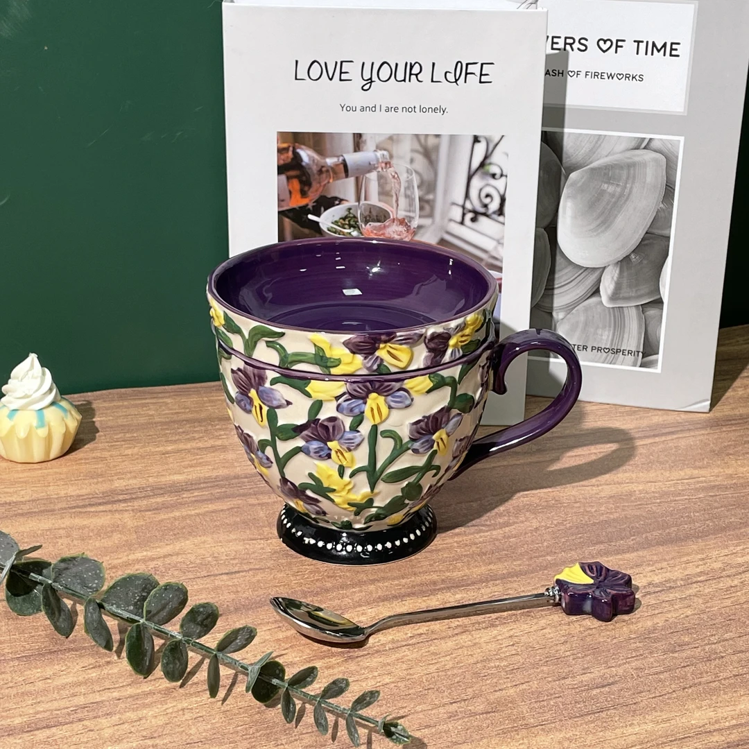 【精选】鸢尾花系列-杯碟勺三件套陶瓷浮雕大容量手绘彩绘创意创意