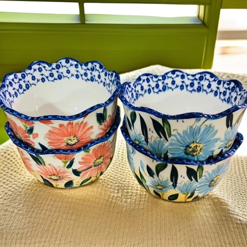 红菊+蓝菊4.5寸珠点花型碗共4个装
