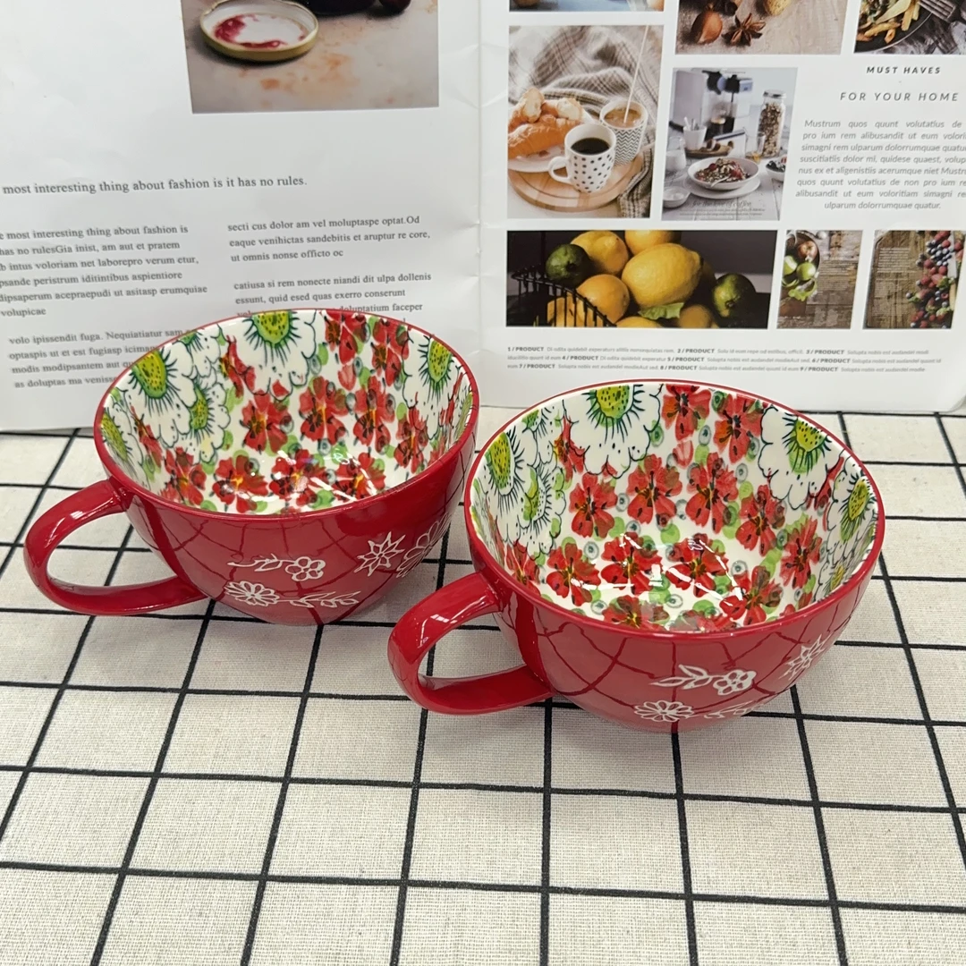 【】陶瓷釉下彩餐具红色海洋水杯5寸2个装