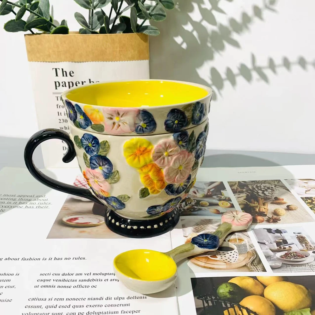 【精选】富雅人生早餐杯带盖带勺3件套陶瓷好看