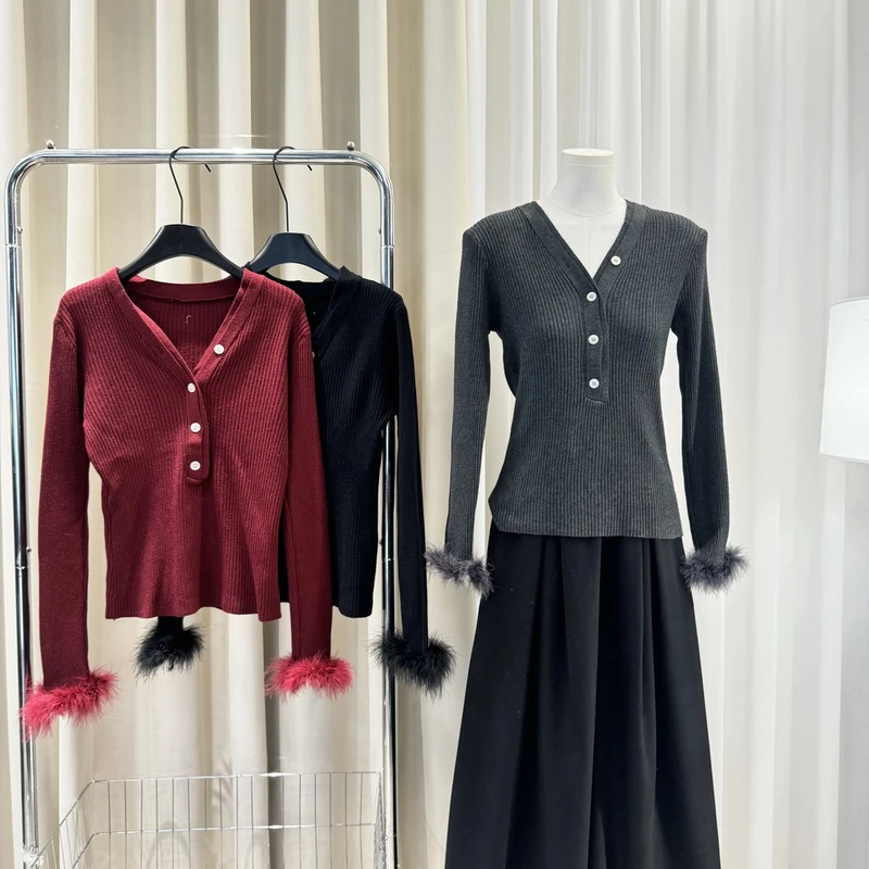 【ZZ严选】ML220修身羽毛毛袖针织衫女套头法式打底长袖毛衣秋冬季