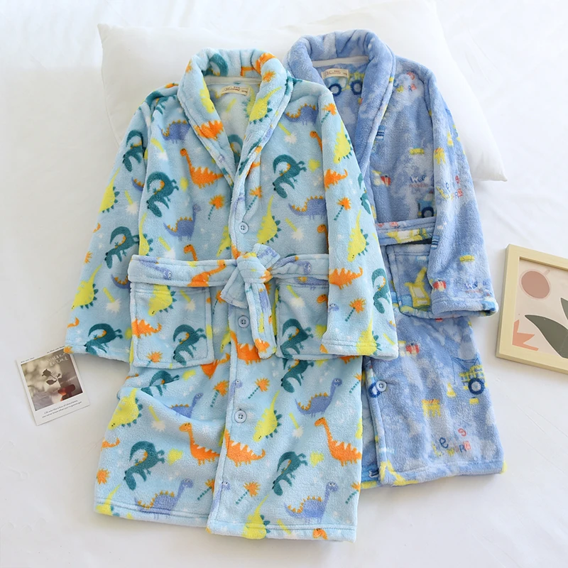 米筱米秋冬儿童加厚法兰绒睡袍男孩浴袍系扣珊瑚绒宝宝家居袍睡衣