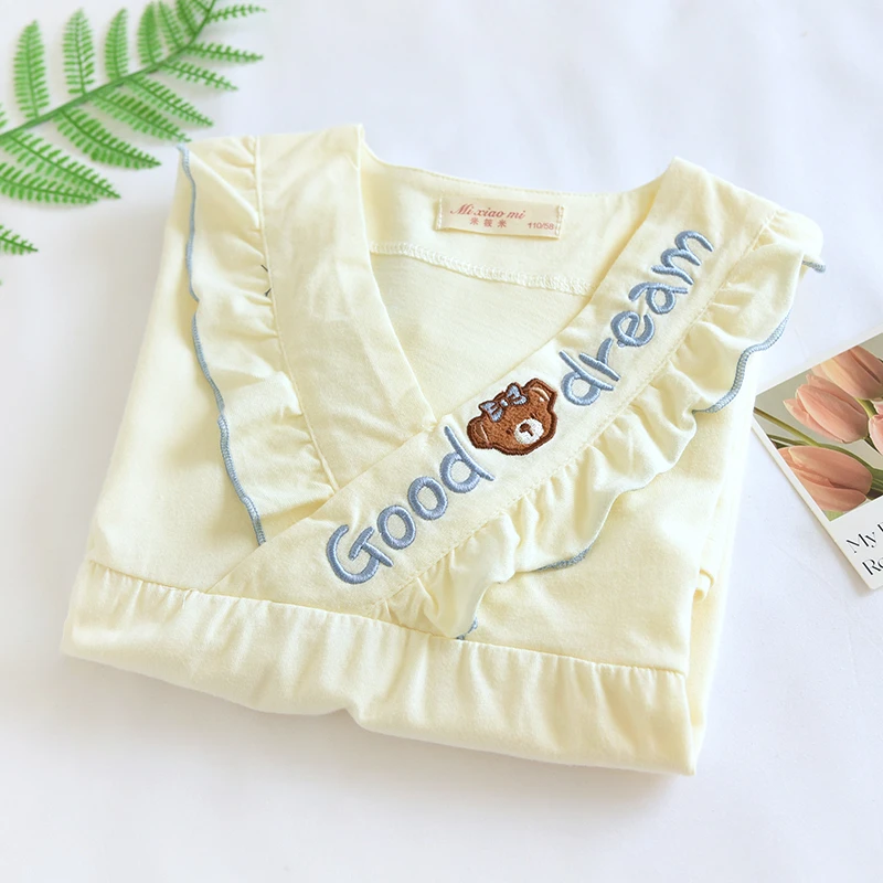 米筱米儿童夏薄款全棉可爱小熊短袖睡裙女童针织纯棉亲子装母女装