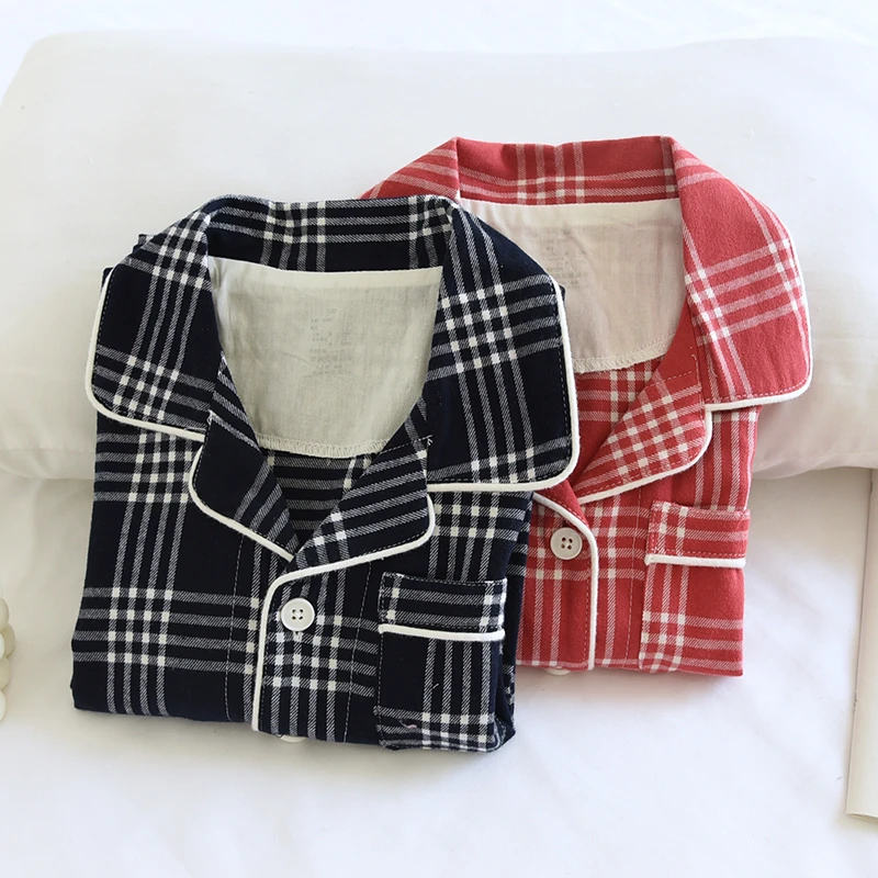 米筱米儿童春秋纯棉磨毛绒布长袖大格子男女童亲子装家居服情侣装