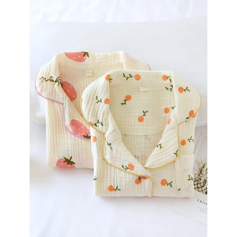 米筱米薄款春夏薄绉布纯棉纱布长袖女童小清新草莓宝宝夏季家居服