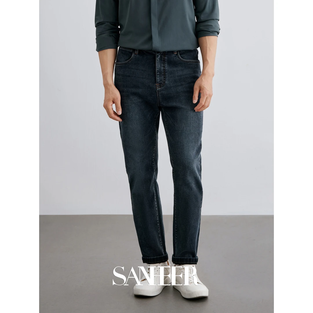 商务通勤百搭深蓝洗水舒适弹力面料秋季男士直筒修身牛仔裤DBJ357
