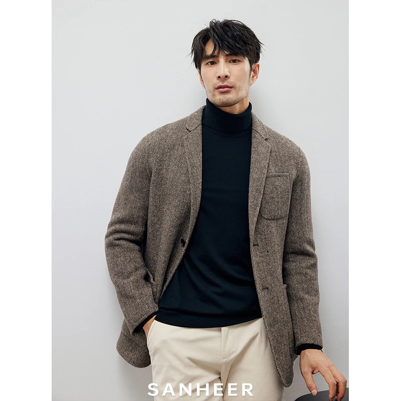 SANHEER 绅士厚款人字纹绵羊毛双面呢冬季男士休闲西装外套DAS203