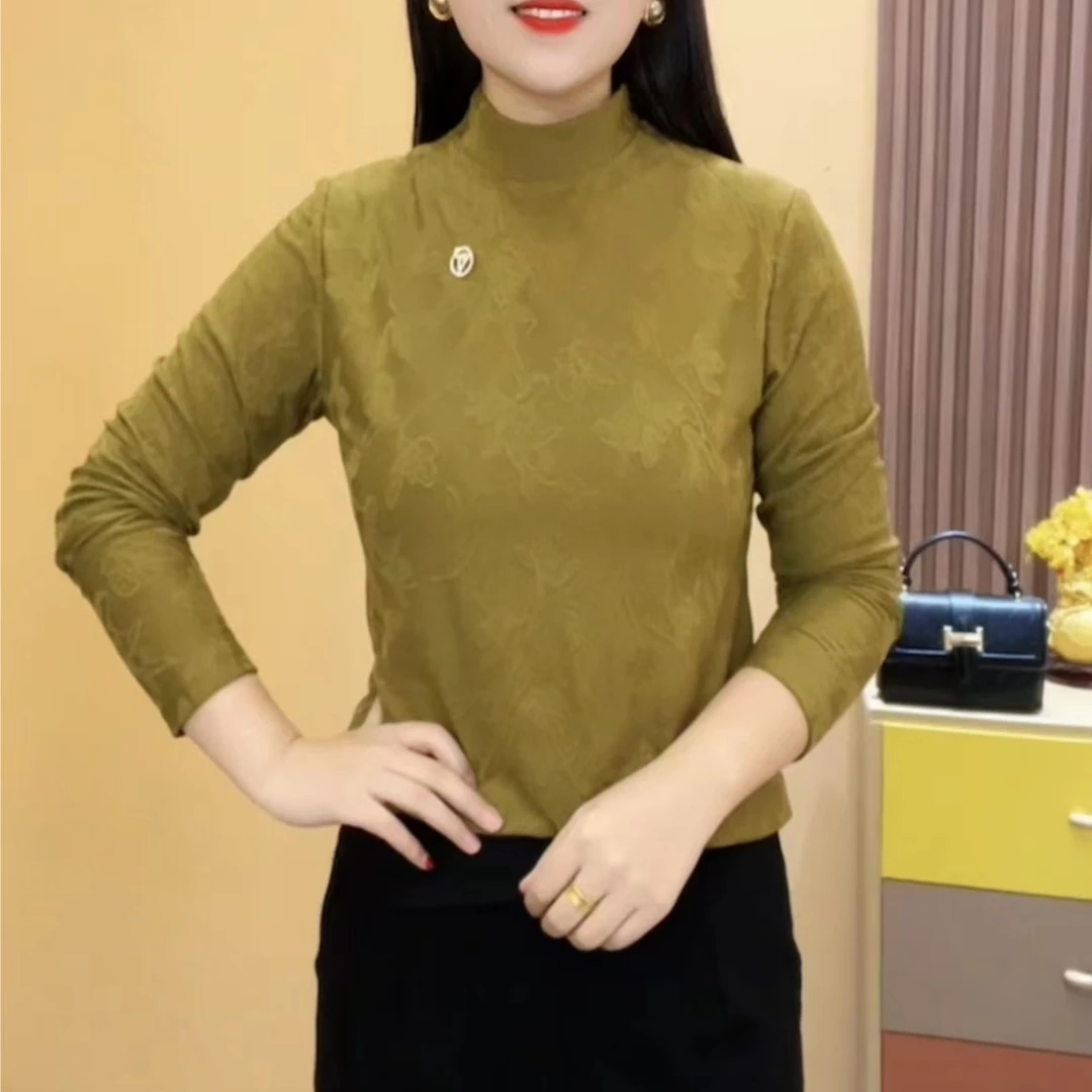 2023冬季显瘦百搭半高领一体绒提花女士上衣打底衫