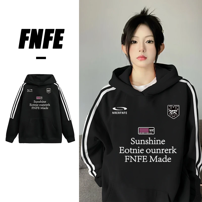 FNFE秋冬美式复古三条杠连帽卫衣女潮牌ins宽松显瘦长袖上衣外套