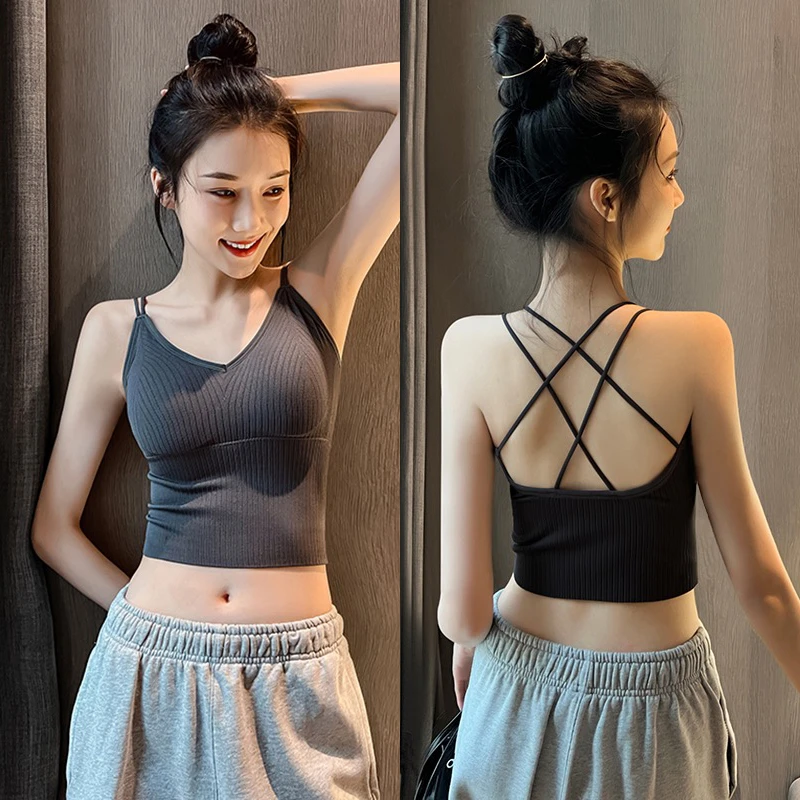 梦美静聚拢后背美背交叉运动防走光裹M8带胸垫背心裹胸背心瑜伽