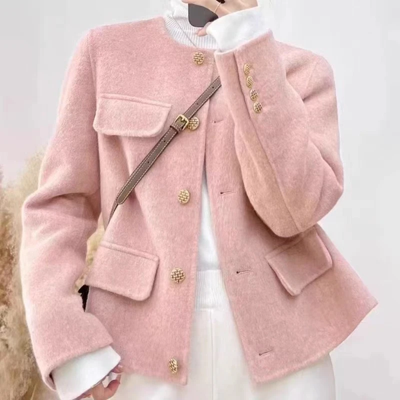 小香风双面羊毛外套时尚女短款春秋冬新款羊毛呢圆领上衣小个子