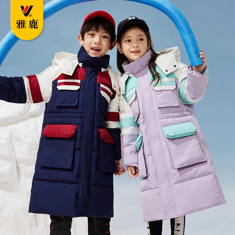 雅鹿儿童中长款加厚羽绒服连帽男女童保暖中大童厚款DY2023冬季新