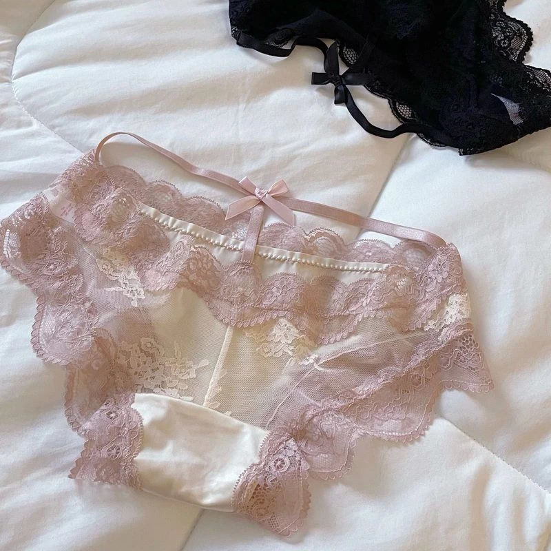 心机后臀~蕾丝缎面内裤无痕透明网纱性感低腰镂空三角裤