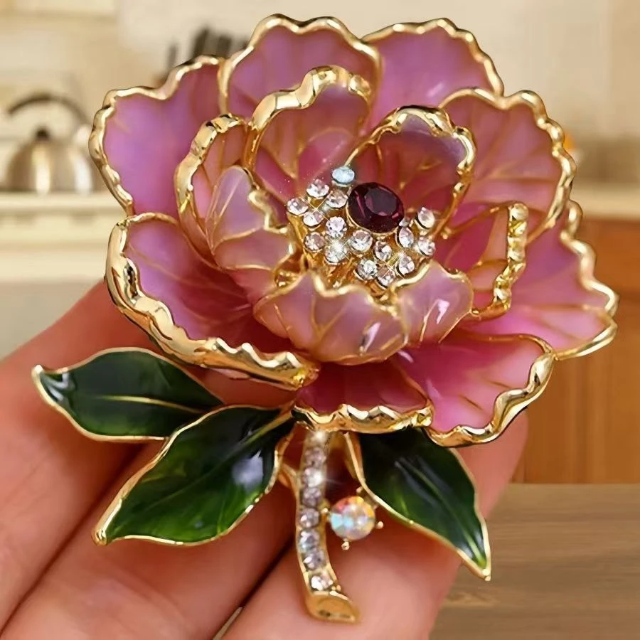 合金合成锆石胸针 高档牡丹花中式古典胸花别针花朵旗袍西装配饰