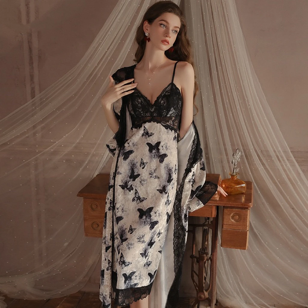 新【绒光蝴蝶】内衣纯欲古风蝴蝶印花加胸垫吊带睡裙外袍家居服套装