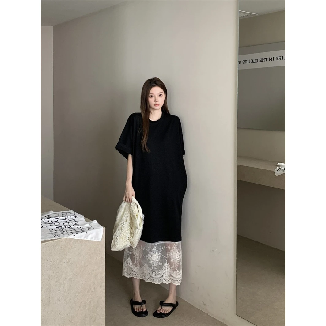 短袖T恤裙女法式蕾丝半裙叠穿宽松中长款连衣裙两件套