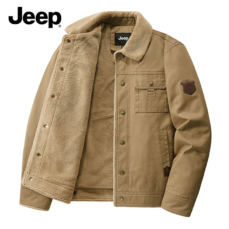 JEEP吉普加绒加厚男2025冬季防寒保暖羊羔绒棉服工装多袋水洗外套