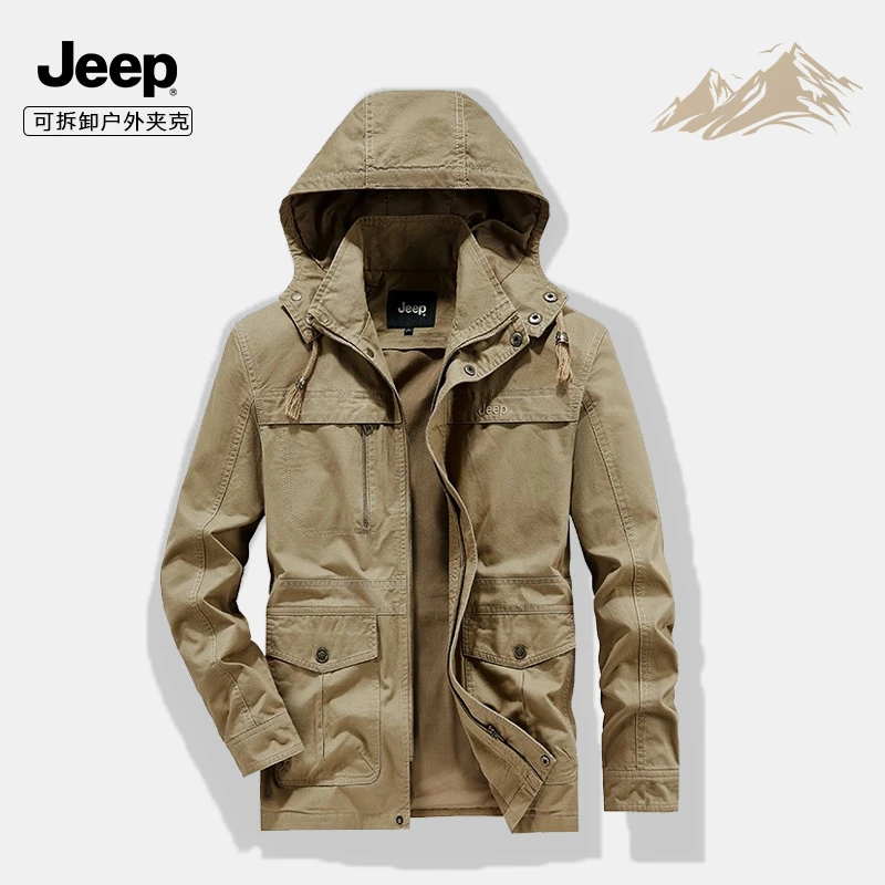 JEEP/吉普刺绣logo水洗棉可拆卸帽夹克户外春秋男士休闲保暖外套