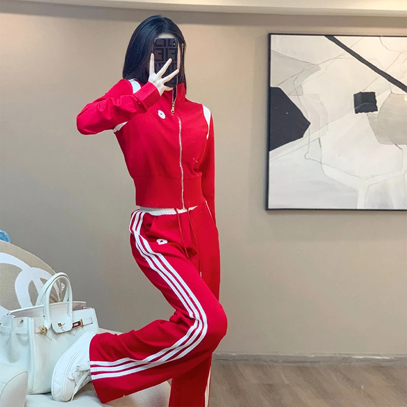 欧货新款运动套装女红色2023春秋服饰休闲显瘦拉链加绒加厚两件套