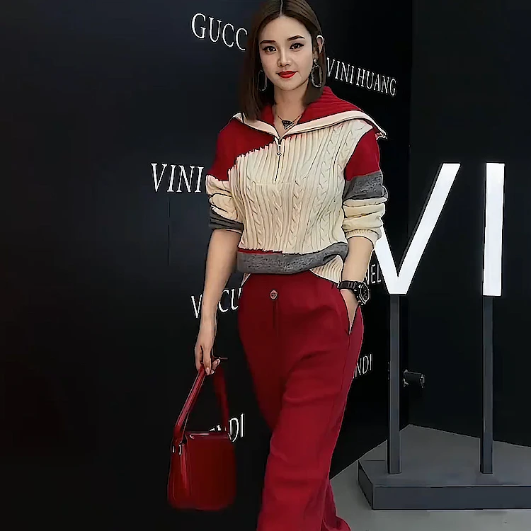 潮流红色休闲裤深冬搭配一整套拼色半开领套头加厚上衣两件套女装
