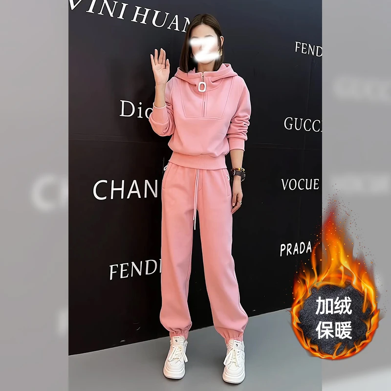 休闲运动服卫衣女士套装秋冬新款加绒加厚粉色宽松连帽洋气两件套