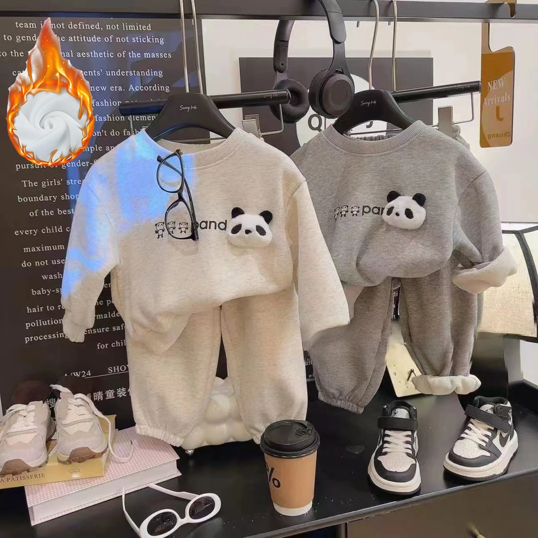 儿童加绒卫衣套装秋冬季男童保暖两件套中大童加厚卫裤立体玩偶