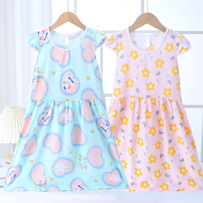 儿童睡裙女童夏季绵绸睡衣裙家居服空调服中大童女孩薄款棉绸裙子