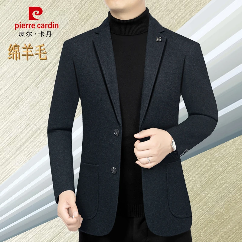 绵羊毛西装男中年秋季商务男装休闲西服上衣毛呢外套皮尔卡丹纯色